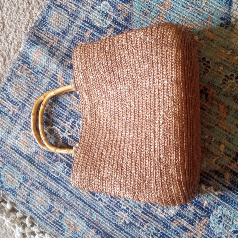 Vintage St John Bay Elegant Brown Woven Straw Tote with Bamboo Handles